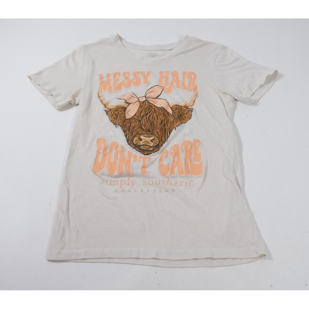 Simply Southern T-Shirt Womens S Cream Messy Hair Don't Care Highland Cow Tee